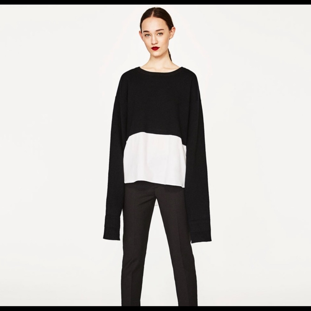 Zara oversized layered black sweater/white blouse